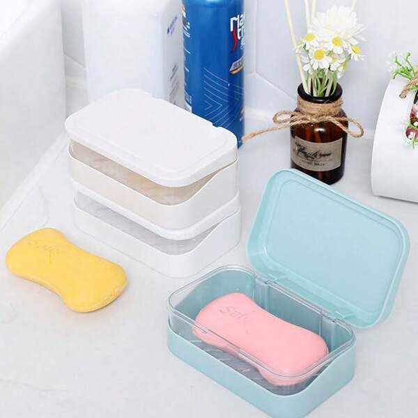 1pc Plastic Rectangle Soap Box, Soap Container With Lid, Portable Soap Case, Soap Holder With Cover, Drain Soap Dishes For Bathroom, Bathroom Accessories