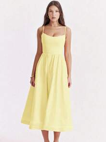 Vestido de fiesta elegante de verano con cuello en U, drapeado y bajo acampanado de unicolor - Amarillo - Ver 6