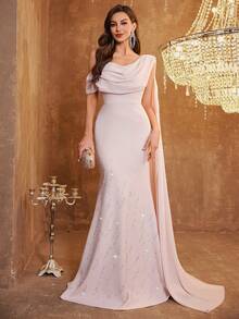 Women's Plunging Neck Sleeveless Elegant Dress With Long Trailing Sash, Chest Ruched Detail, Solid Color, Bodycon, Luxurious Bottom Embellished With Rhinestones, Backless Design With Mermaid Hemline (Random Rhinestone Direction) - Pink - View 5