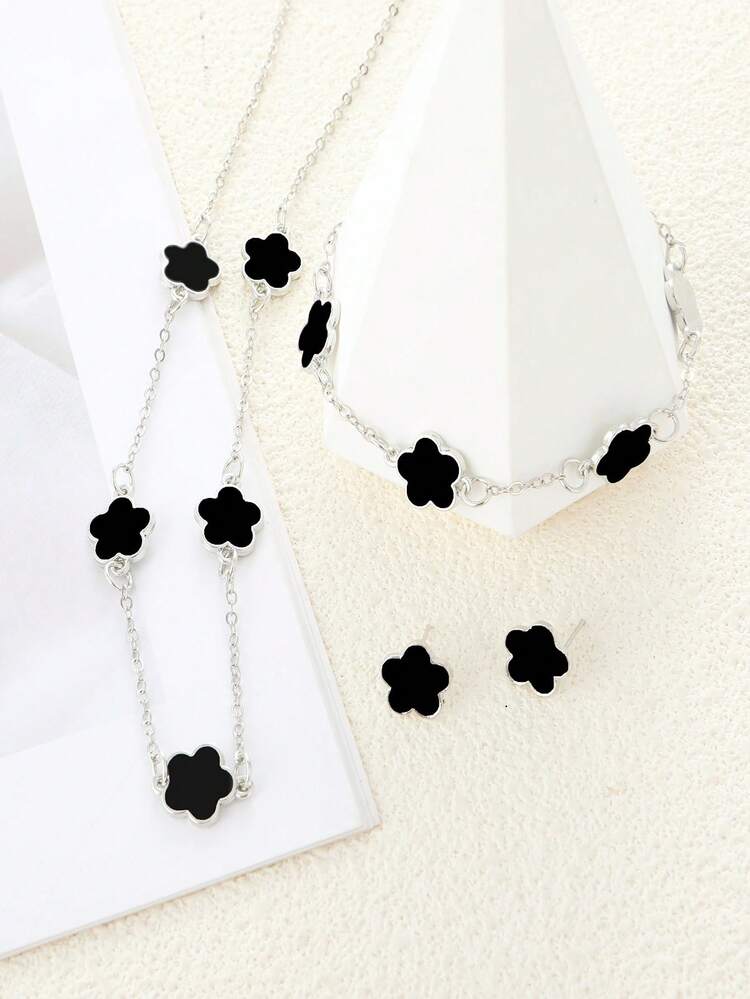 4 Peças Conjunto de Colar Pingente de Trevo, Pulseira e Brincos da Moda, Presente Perfeito para o Dia das Mães - Conjunto de Joias da Moda Feminina - Prata - Visão 2