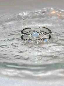 3pcs Fashion Jewelry Luxurious Multilayer Rhinestone Heart & Flower Stackable Open Ring, Suitable For Women's Daily Wear