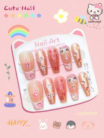 Sanrio Sanrio Cute Nails Art 10Pcs/Set Cute Handmade Nails Almond Nail Tips Square Nail Tips French Tip Nails French Tip Nails Green Bamboo And Panda Paw Print Pattern Design Fake Nails Acrylic Press On Nails Green French Cat-Eye Nail Stickers
