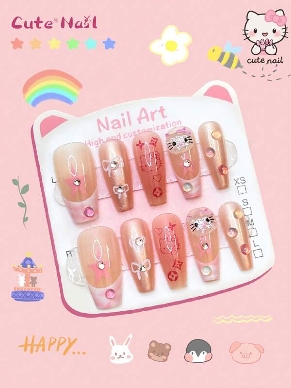 Sanrio Sanrio Cute Nails Art 10Pcs/Set Cute Handmade Nails Almond Nail Tips Square Nail Tips French Tip Nails French Tip Nails Green Bamboo And Panda Paw Print Pattern Design Fake Nails Acrylic Press On Nails Green French Cat-Eye Nail Stickers