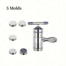 1pc Stainless Steel Manual Pasta Maker With 5 Interchangeable Molds - Vintage Handheld Italian Noodle Press, Suitable For Home Kitchen, Household Multi-Functional Pasta Making Tool