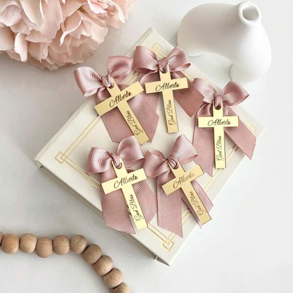 Étiquette de faveurs de baptême, acrylique doré, faveurs de chocolat, 20 pièces étiquette miroir, faveurs de croix de luxe, cadeaux personnalisés pour les filles