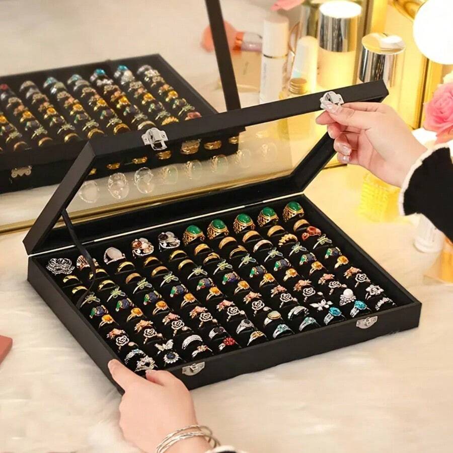 Hộp đựng nhẫn 100 ngăn có nắp trong suốt - Hộp đựng trang sức bằng da giả để đựng nhẫn, hạt và làm trang sức - Hộp đựng để bàn nhỏ gọn cho phụ nữ (Màu đen) - Nhiều màu - Xem 1