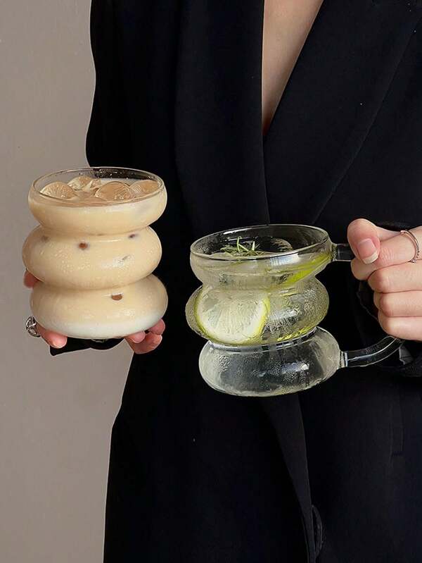 1/2pcs Niche Design With/Without Handle Puffy Curly Caterpillar Glass Cup, High-End Transparent Single Layer Cup