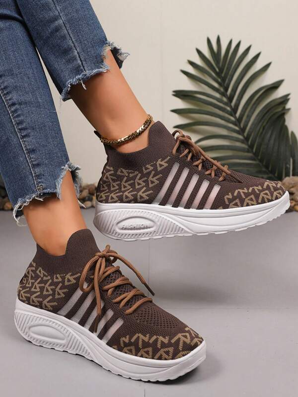 Women's Rose Pattern Decor Soft Bottom Sneakers, Lightweight Breathable Sports Style Colorblock Knit Fabric Athletic Shoes