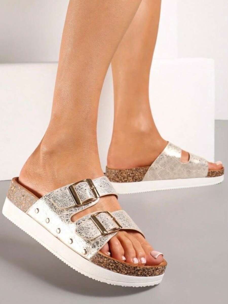 Sandalias casuales de mujer con diseño de hebilla ajustable - Dorado - Ver 1