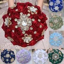 新娘婚礼奢华金叶蝴蝶珍珠花束，大型金钻缎带玫瑰婚礼花束，酒红色布艺永生花，布艺玫瑰人造花束情人节配饰 - 多款 - 查看 1