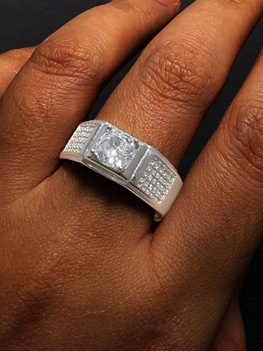 1 pieza Anillo de diseño geométrico elegante de plata S925 con piedra sintética de circonita brillante, regalo de joyería de alta calidad para hombres, anillo de compromiso - Plateado - Ver 1