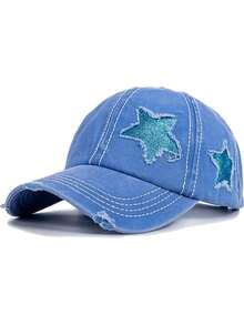 1 Piece Wash Worn-Out Ponytail Baseball Cap With Powder Dispersed Five-Pointed Star Pattern, Unisex, Adjustable Outdoor Sun Protection Casual Soft Top Hat For Spring And Autumn, Travel, Beach Vacation, Outdoor Activities Sun Hat, Y2K Style Youth Hat