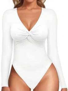 Wrap Bodysuit With Front Detail, Deep Neckline, Long Sleeves - Red - View 5