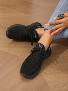 4 estaciones Nuevos tenis casuales de malla de punto transpirable con cordones, cómodos zapatos de suela suave y elástica para exteriores, correr, caminar, ir al trabajo y hacer ejercicio - Negro - Ver 4