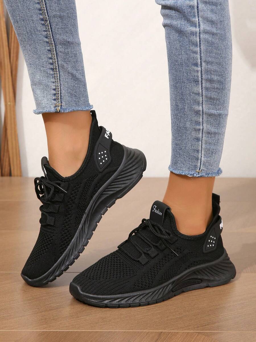 4 estaciones Nuevos tenis casuales de malla de punto transpirable con cordones, cómodos zapatos de suela suave y elástica para exteriores, correr, caminar, ir al trabajo y hacer ejercicio - Negro - Ver 1