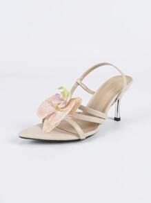 Sandalias de verano para mujer con patrón de flor de lirio 3D, correa cruzada de rayas clásica, tacón grueso elegante de dedo abierto, tela de unicolor de alta calidad, elegantes para discoteca, fiesta, viaje al aire libre, cómodas y elegantes zapatos de tacón alto en color albaricoque