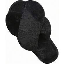 Local Delivery--LZLER Women's Cross Band Slippers, Soft Plush Fleece Lightweight Non Slip Open Toe Flip Flop Shoes House Indoor Outdoor Fur Fuzzy Slippers - 黑色 - 查看 1