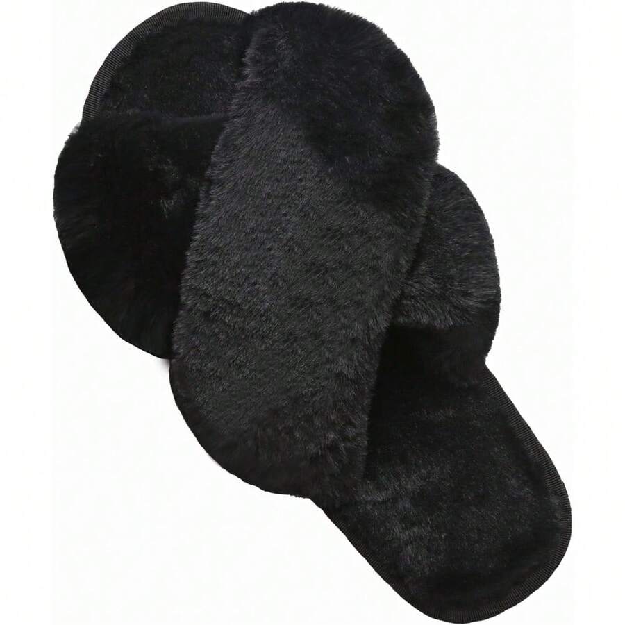 Local Delivery--LZLER Women's Cross Band Slippers, Soft Plush Fleece Lightweight Non Slip Open Toe Flip Flop Shoes House Indoor Outdoor Fur Fuzzy Slippers - 黑色 - 查看 1
