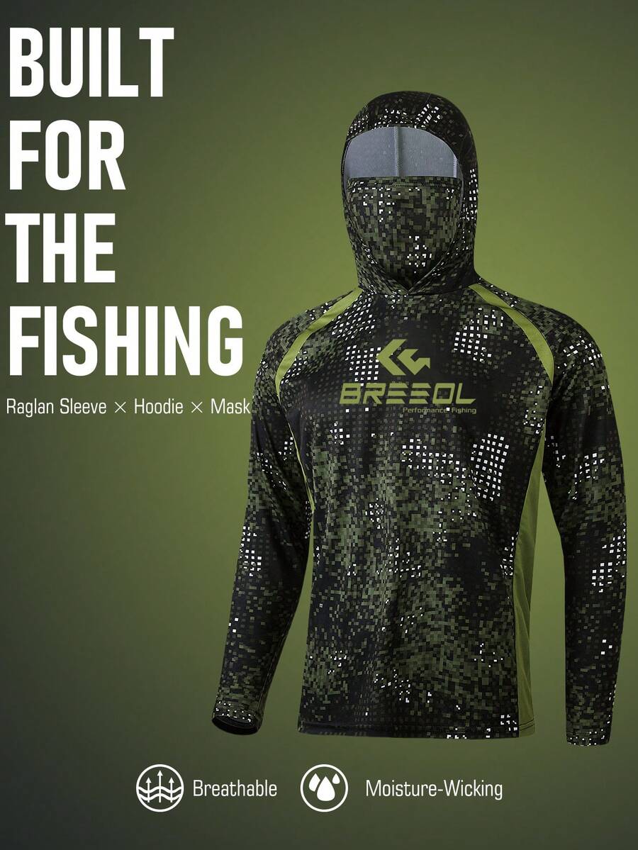 Men's Hooded Face Mask Fishing Shirt, Long Sleeve High-Performance Fishing Shirt, Breathable Quick-Dry, Boyfriend Style, Green Mosaic Design, UV Protection Fishing Apparel