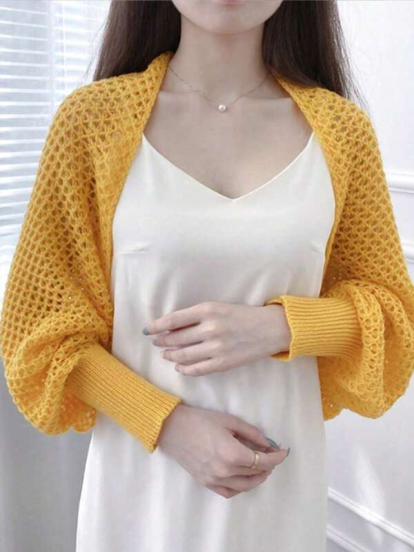 1 pieza Capa/Chal de Mujer para Primavera/Verano con mangas de panal, cuello tejido y detalles calados, accesorio de moda para exteriores para mujeres