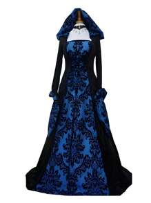 Bestseller mode femme européenne et américaine pour dîner, robe ample à capuche médiévale, cravate imprimée rétro artistique à manches longues, taille cintrée pour Halloween
