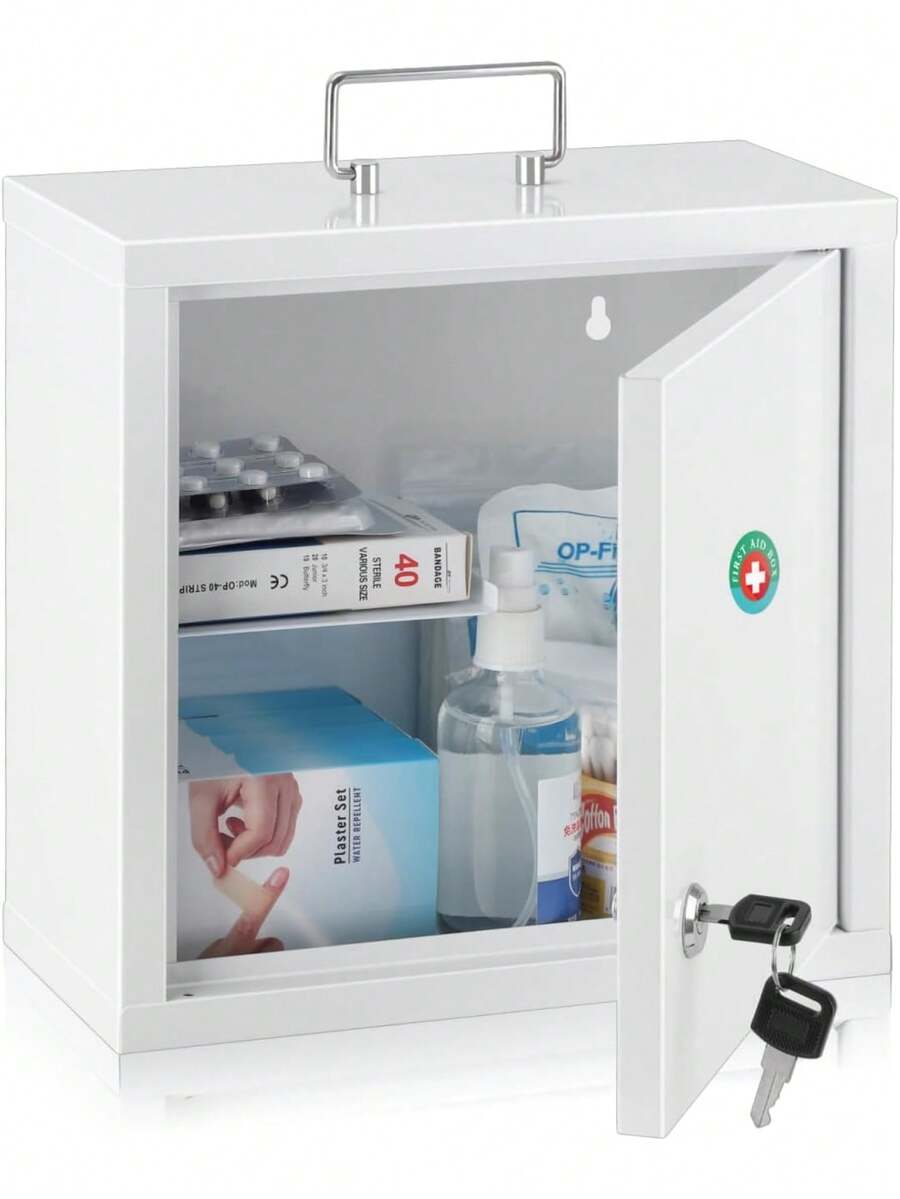 Gabinete de medicina con cerradura, caja de medicamentos con llave, gabinete de medicina montado en la pared para almacenamiento seguro de medicamentos, 10 * 4.7 * 10 pulgadas, blanco - Blanco - Ver 1