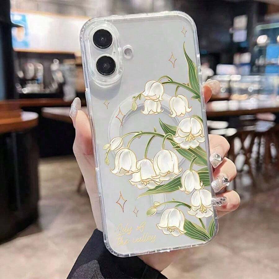Funda para teléfono móvil con diseño de lirio de los valles, con delicados motivos florales y destellos. Compatible con los modelos 6, 15, 14, 13, 12 y 11 Pro (16E, S22, S23, S24, S25). - transparente - Ver 1