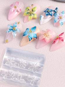 2件套3D立体花卉美甲模具，硅胶材质，带雕刻笔、透明美甲模板、莲花和樱花图案模具，树脂环氧树脂专业用品 - 彩色 - 查看 6