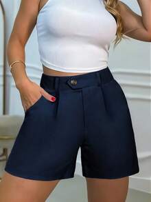 女士夏季优雅休闲纯色阔腿短裤，高腰海军蓝收腰纽扣侧袋短裤，百搭休闲短裤适合日常、通勤、户外和度假穿着 - 藏蓝色 - 查看 3