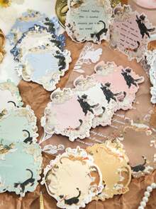 1 件装猫咪主题压花铝箔记事本 - 复古花卉和风景图案，金色点缀，柔和多形状（矩形、椭圆形、圆形），适用于办公室、日记本、爱猫人士的礼物、日记本配件 | 金色点缀文具 | 优雅斜边设计、猫咪饰品学校用品、返校 - 彩色 - 查看 9