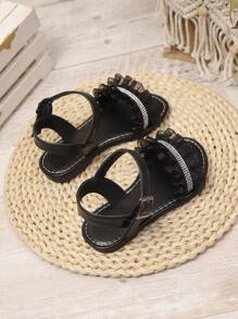 1 Pair Plus Size Black Shiny PU Strap Rhinestone Decor Flat Sandals For Teenage Girls, Round Toe Comfortable Non-Slip Beach Summer Shoes, Suitable For 3-15 Years Old Girls, Casual/Party/Vacation