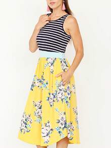 Boho Vintage Magenta Ivory Coral Pink Yellow Stripe  Band Trim Midi  Swing Southern Dress | Small-3 XL Plus - 芥末黃 - 查看 8