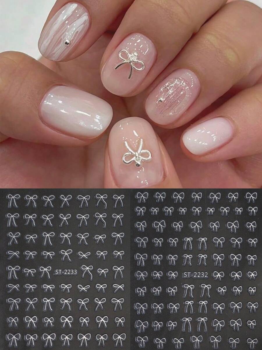 蝴蝶结指甲贴纸，2 张可爱指甲贴花银色蝴蝶结指甲贴纸 3D 美甲设计贴纸自粘蝴蝶结指甲用品女士 DIY 美甲配件