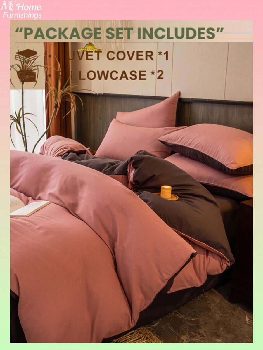 3pcs Pink & Charcoal Grey Skin-Friendly Bedding Set For Boys & Girls Dormitory, 1 Duvet Cover, 2 Pillowcases, Machine Washable, No Filler