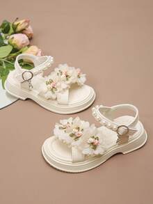 Girls' Fashionable & Cute Flower Pearl Design Flat Open Toe Sandals, Soft & Comfortable, Random Flower Placement Front & Back
