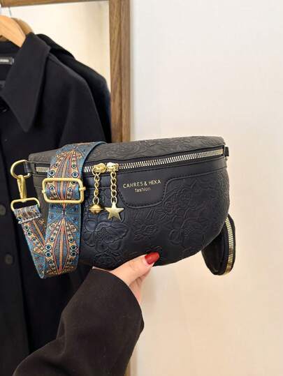 2pcs Set Of Embossed Waist Bag & Chest Bag For Women, Large Capacity, Vintage Chinese Style