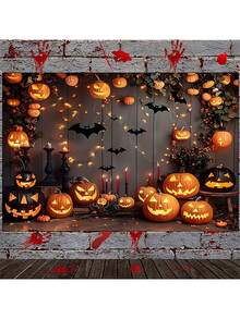 1 pieza/Tapiz de poliéster con bonito fondo de Halloween con calabazas aterradoras y murciélagos - Disponible en varios tamaños - Decoraciones colgantes de poliéster, para decorar en dormitorio, sala de estar, ventana, adecuado para fiesta de jardín, cabina fotográfica y celebración festiva, decoración de Halloween, decoración de fiesta temática - Multicolor - Ver 6