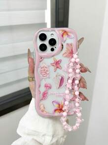Cream Wavy Edge Gloss Oil Marine Element Starfish Turtle Shell Painted Anti-Drop Phone Case Protective Cover With Handmade Beaded Bracelet, Compatible With IPhone 16/11/16pro/16plus/16promax/16e/15Promax/13/14/12/XS/XR/7G/8P, Galaxy 11/12Pro/12/12X/13Pro/14Pro/15Pro/, Redmi 10/9/Note9/12c/Note11pro/Note8Pro