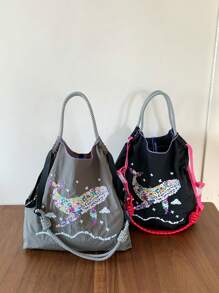 Bohemian Women's Shoulder Bag Embroidered Pattern Nylon Bag Large Capacity Cloth Bag Lightweight Foldable Storage Bag Commuter Bag Fashion Bag Travel Bag Large Capacity Tote