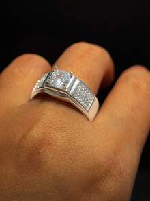1 pieza Anillo de diseño geométrico elegante de plata S925 con piedra sintética de circonita brillante, regalo de joyería de alta calidad para hombres, anillo de compromiso - Plateado - Ver 3