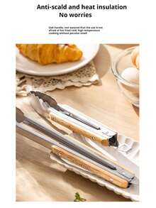 1pc Stainless Steel & Wooden Food Tongs, BBQ Tongs, Kitchen Tongs, Korean BBQ Tongs, Wooden Handle Steak Tongs, Extra Long Cooking Food Tongs, For Home, Outdoor, Picnic, Hotel, Kitchen Utensils, Gourmet, Household
