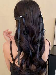 Y2K Haarklammer mit Schleifenband und langem Quaste, herz-förmiger Diamant Ballett-Stil Seitenhaarklammer, süßer und niedlicher Haarzubehör, perfektes Haarzubehör für Frauen (Weiß, Pink, Schwarz, Blau, Lila)