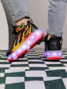 Unisex LED Rechargeable Light-Up Shoes, Children's Roller Skates, Multi-Functional Transformable Roller Shoes, Suitable For All Seasons, With Detachable Wheels, For Outdoor And Sports - Red - View 6
