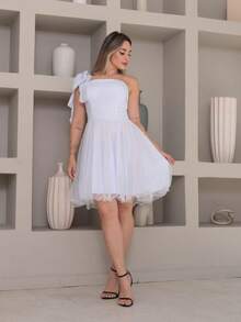 Short Luxury Party Dress With Glitter And One Shoulder Bow - trắng - Xem 2