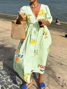 New Fashion Random Print V-Neck Flare Sleeve Loose Casual Dress For Women, Boho Vacation Style, Spring/Summer - Pastel Green - View 3