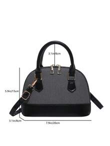 绗缝双提手圆顶包，简约设计拉链单肩包，纯色PU皮革斜挎包，便携式手提包