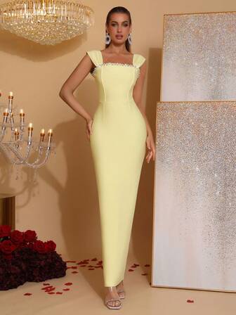 Modphy 全新性感露背钻石装饰超长绷带连衣裙，无袖长款正式礼服，适合婚礼、派对、庆典、优雅女士活动礼服，适合晚会、婚礼宾客