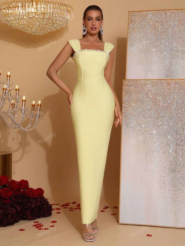 Modphy New Sexy Backless Diamond Decor Maxi Bandage Dress, Sleeveless Long Formal Gown For Wedding, Party, Celebration, Elegant Ladies Event Dress, For Evening, Wedding Guest