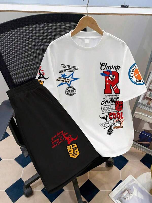 2pcs/Set Teen Boy Casual Minimalist Short Sleeve T-Shirt And Shorts Set, Suitable For Summer,Suitable For Vacation Street School Outfits
