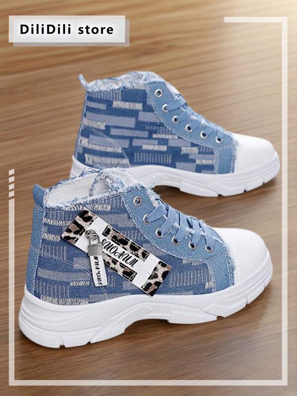 Fashionable Blue Leopard Print High-Top Women Canvas Sneakers With Laces, Casual Sports Shoes, Side Zipper, Comfortable PVC Sole, Suitable For All Seasons